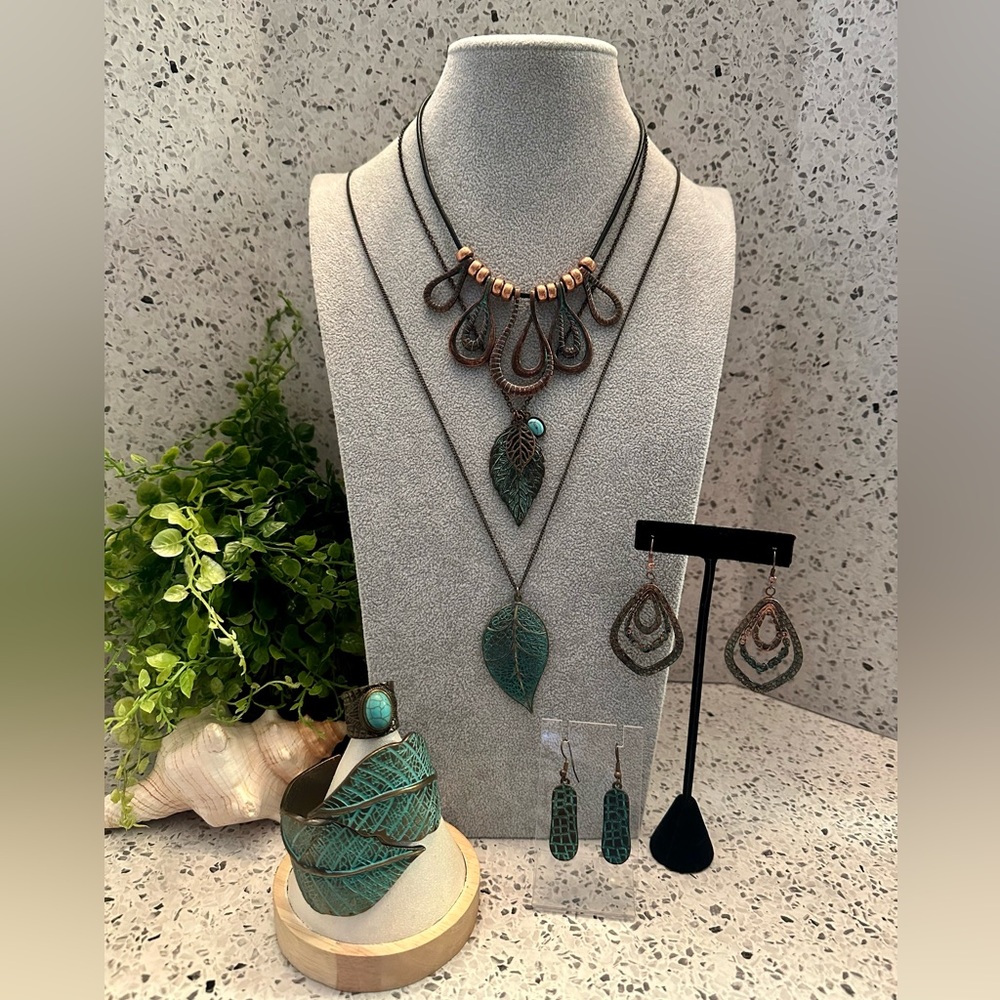 Jewelry Lot of copper and antique gold tone with turquoise patina